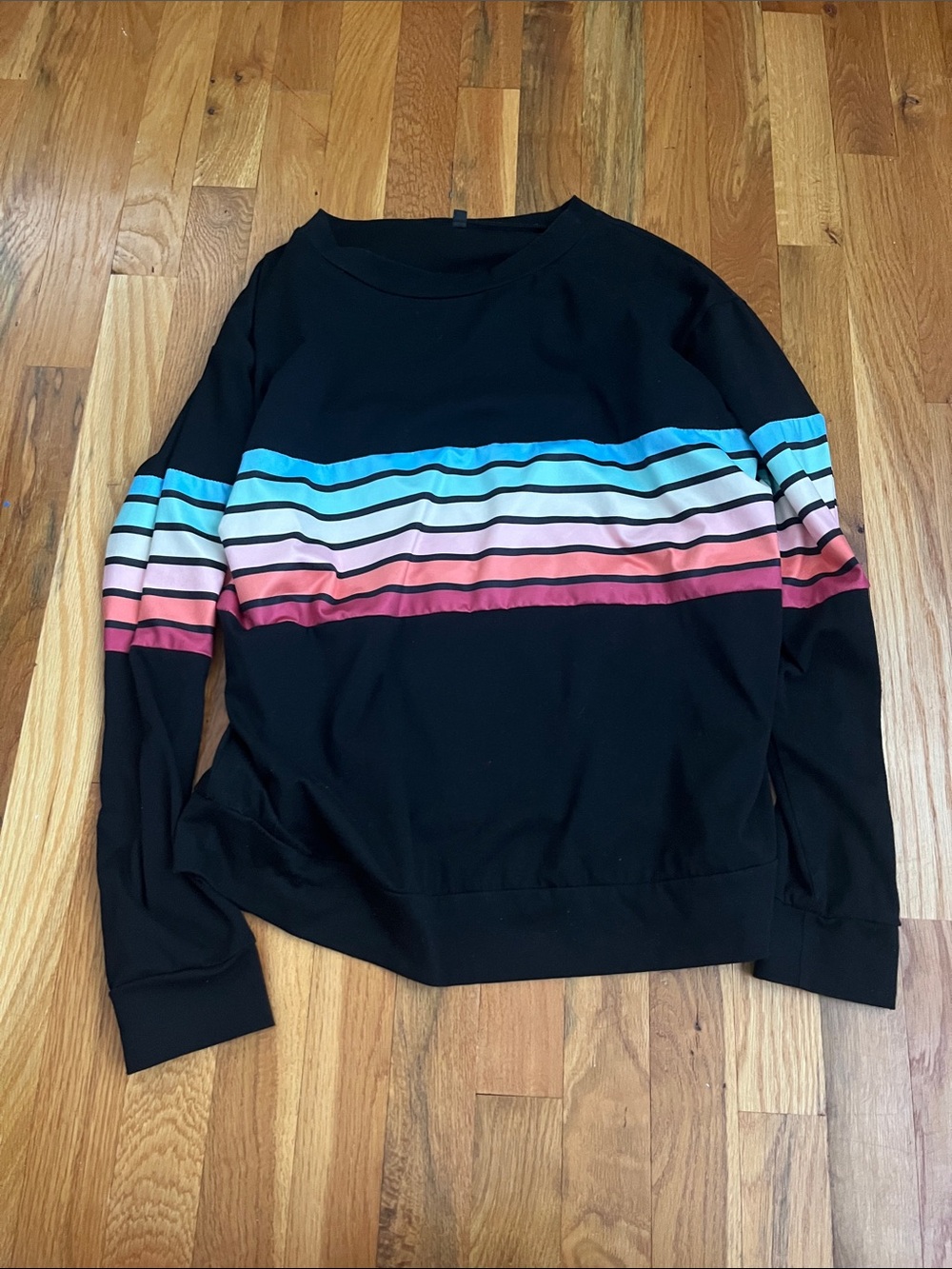 Women’s Black Long Sleeve Stripe Crewneck Top - Multi-Color Accent